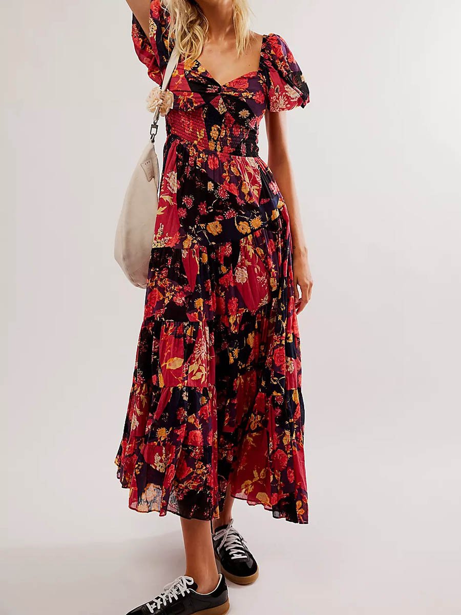 Digital Printed Bohemian Floral Patchwork V Neck Dress