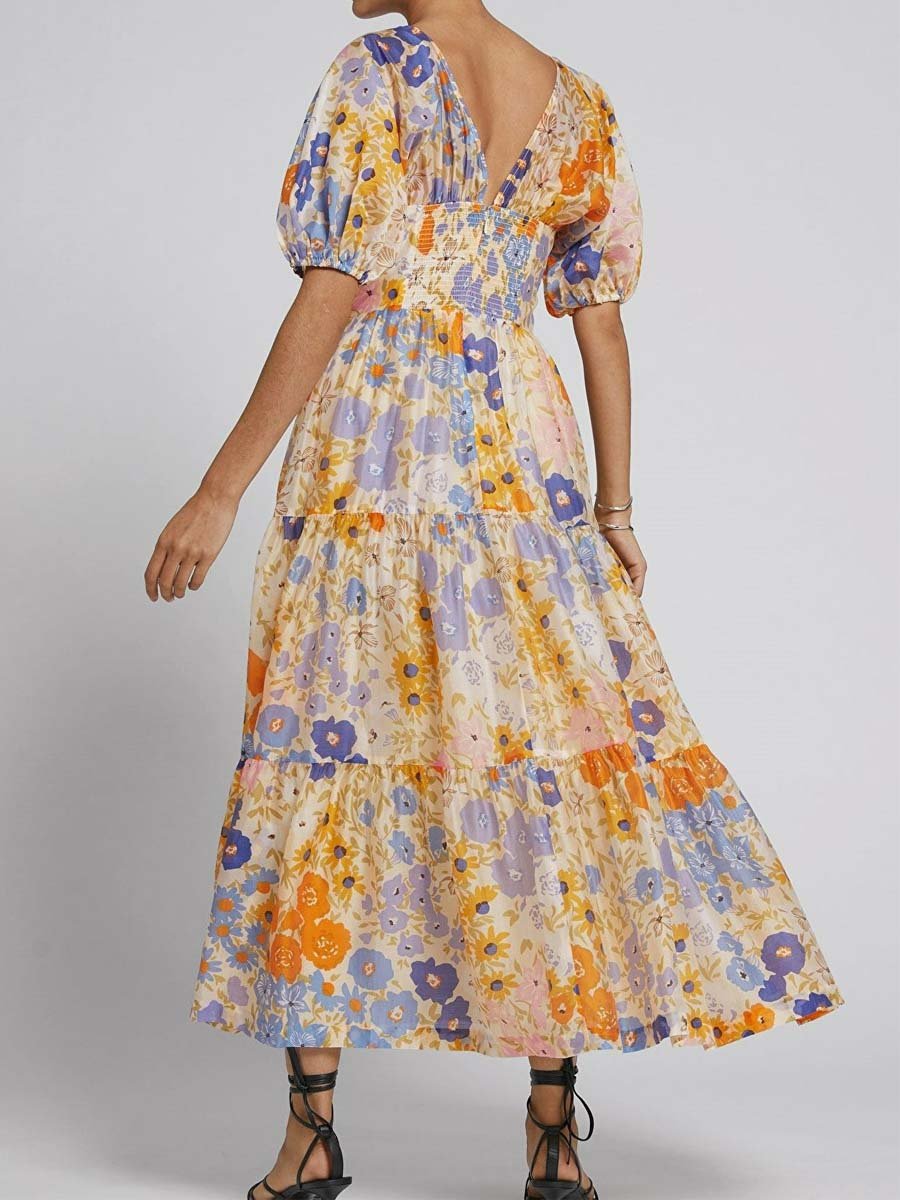 【Free Shipping】Floral Print Puff Sleeve V Neck Dress