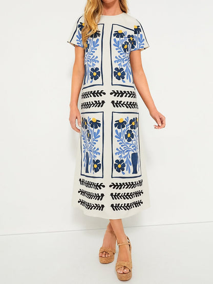 Round Neck Placement Print Maxi Dress