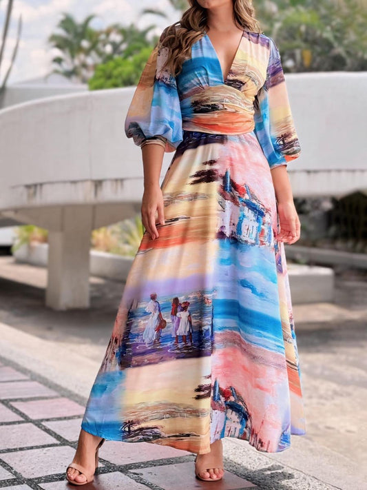 Elegant Deep V Neck Printed Maxi Dress