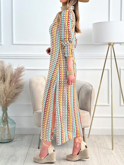 Split Neck Multicolor Shirt Dress