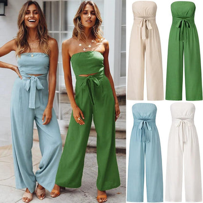 2024 Women Casual Strappy Jumpsuit Strapless Straight Pants