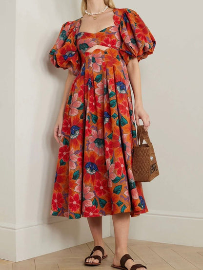 Floral-Print Cutout Pleated Dress