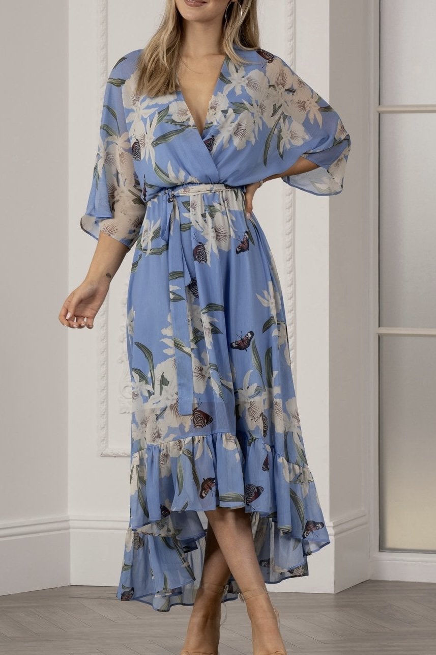 Floral Print Midi Wrap Dress Light Blue