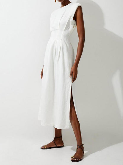 Sleeveless Slit Hem Pintuck Midi Dress