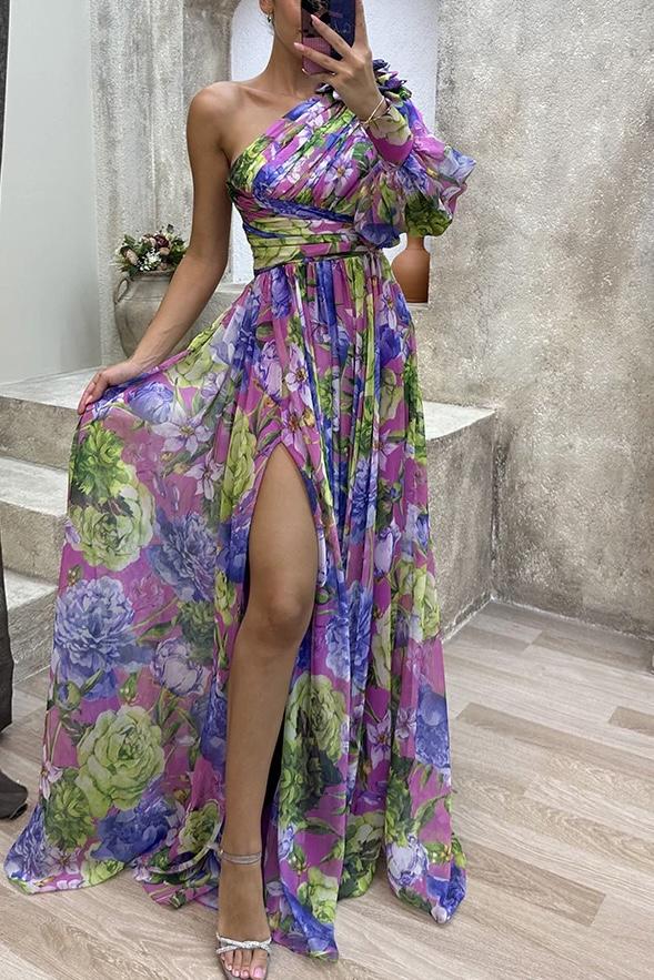 FLORAL PRINT PLEATED ONE SHOULDER SLEEVE SLIT MAXI DRESS