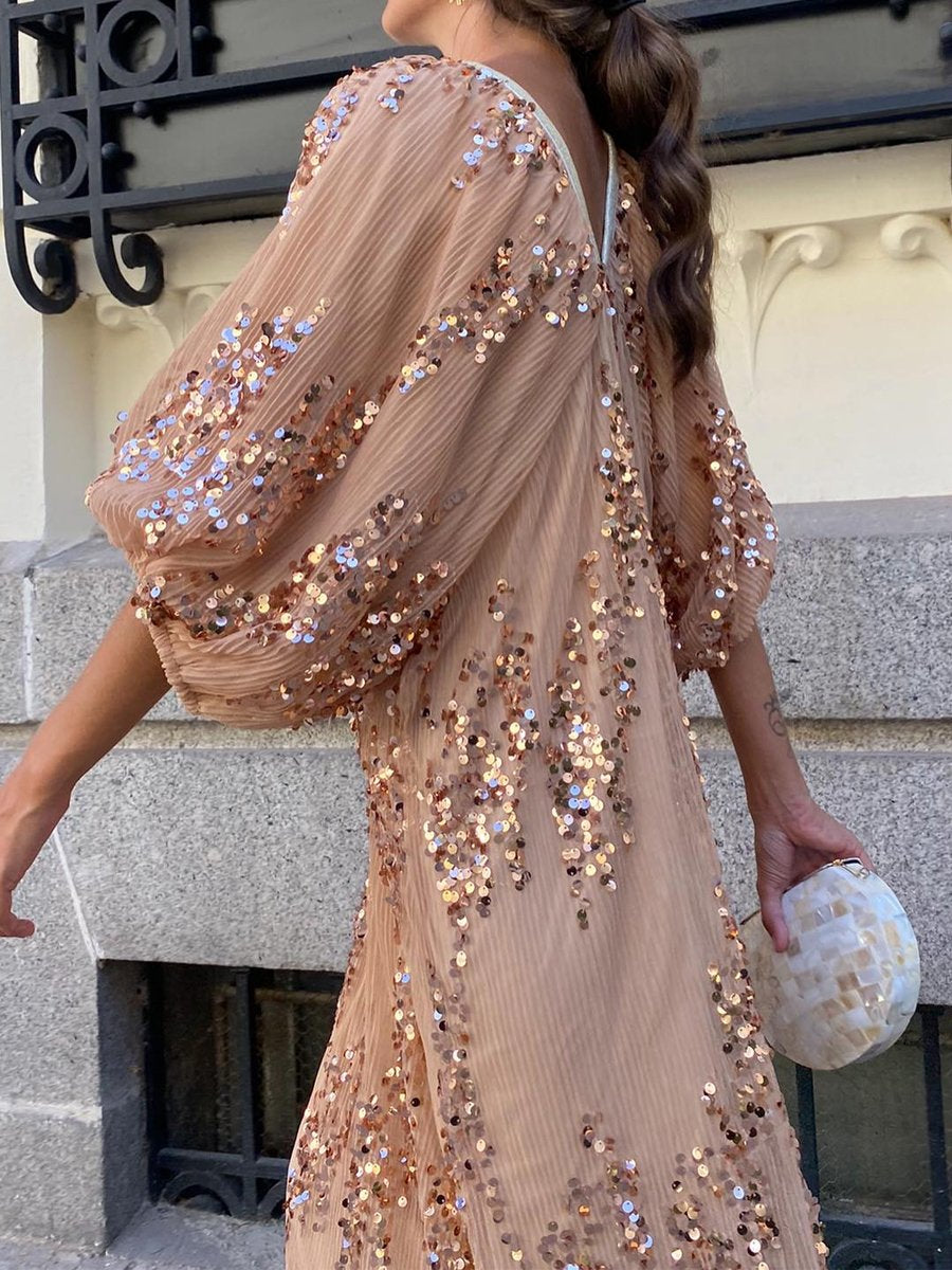 Batwing Sleeve Sequin Deep V Neck Maxi Dress