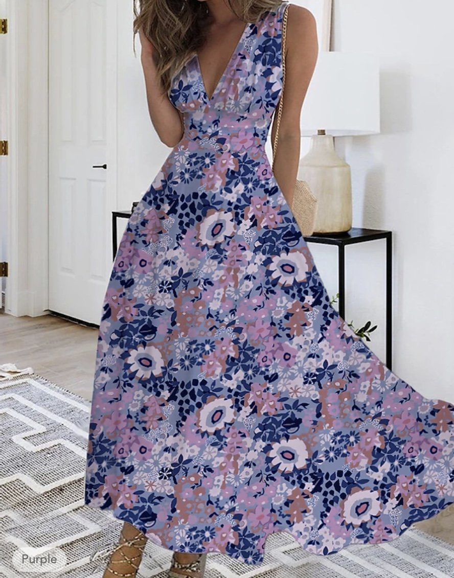 Casual Dress Swing Dress Floral Print V Neck Maxi Long Dress