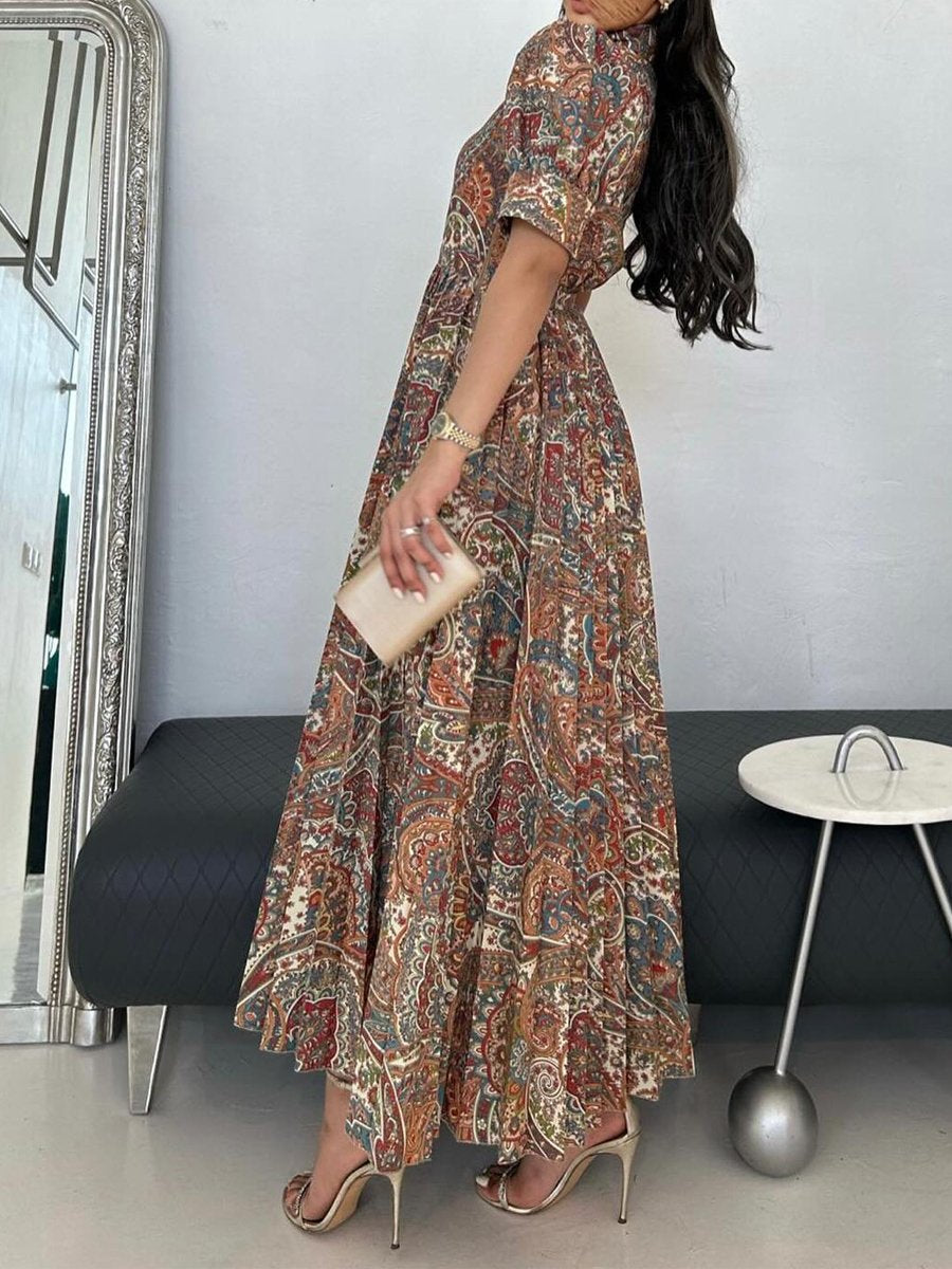 Printed Puff Sleeve Pleated Dress