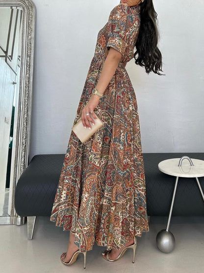 Printed Puff Sleeve Pleated Dress