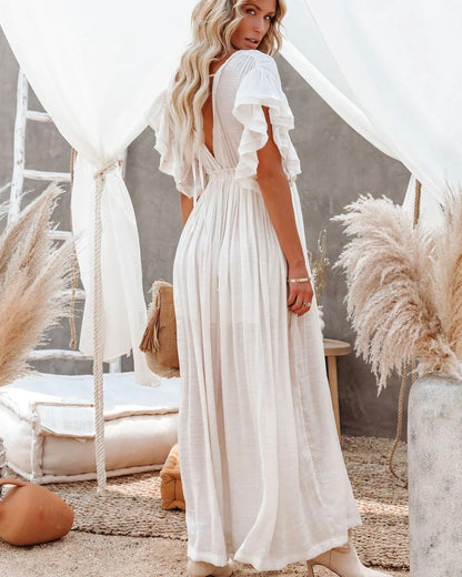 Pocketed Button Down Ruffle Maxi Dress