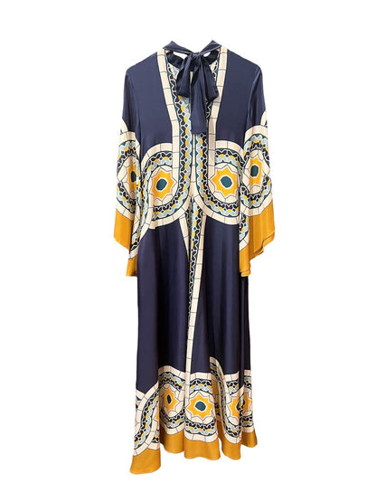 Stand-up Collar Waterfall Sleeve Printed Maxi Dress