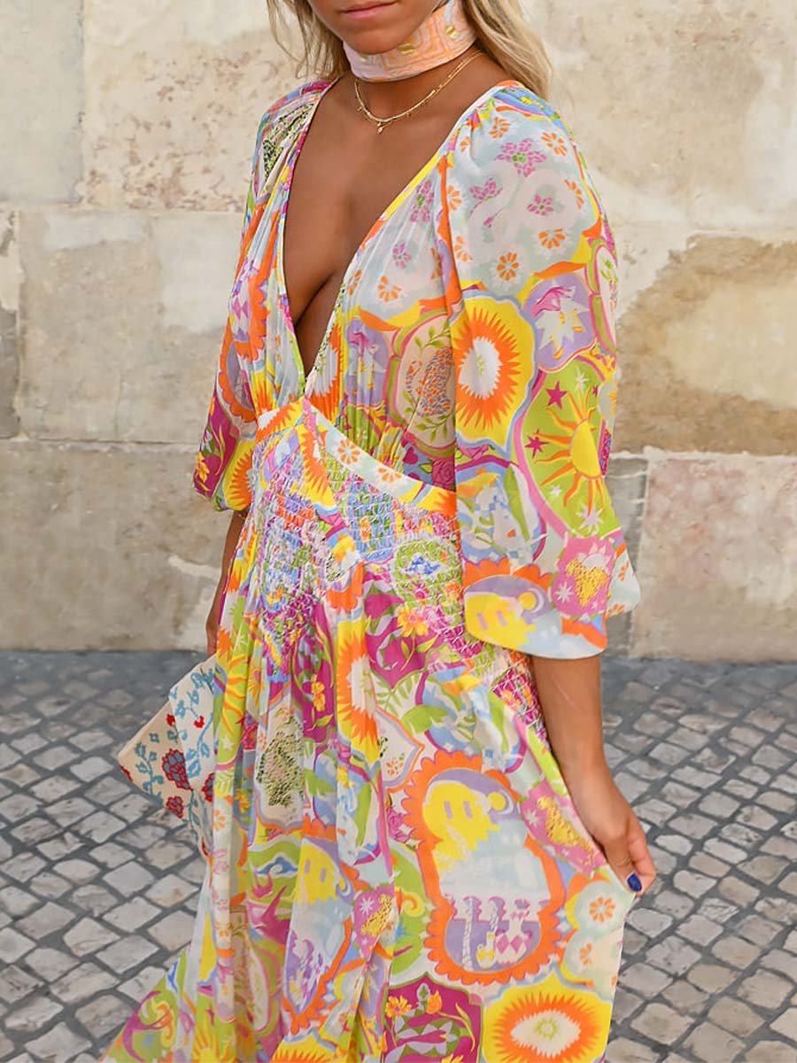 Deep V Neck Printed Chiffon Dress