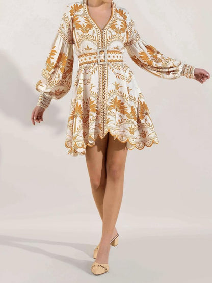 Placement Print Long Sleeve V Neck Mini Dress