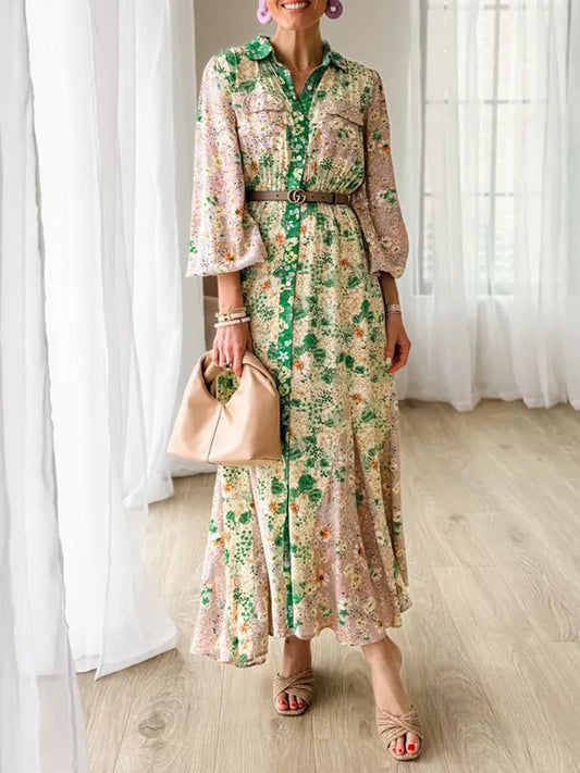 Floral Godet Pocket Long Sleeve Shirtdress