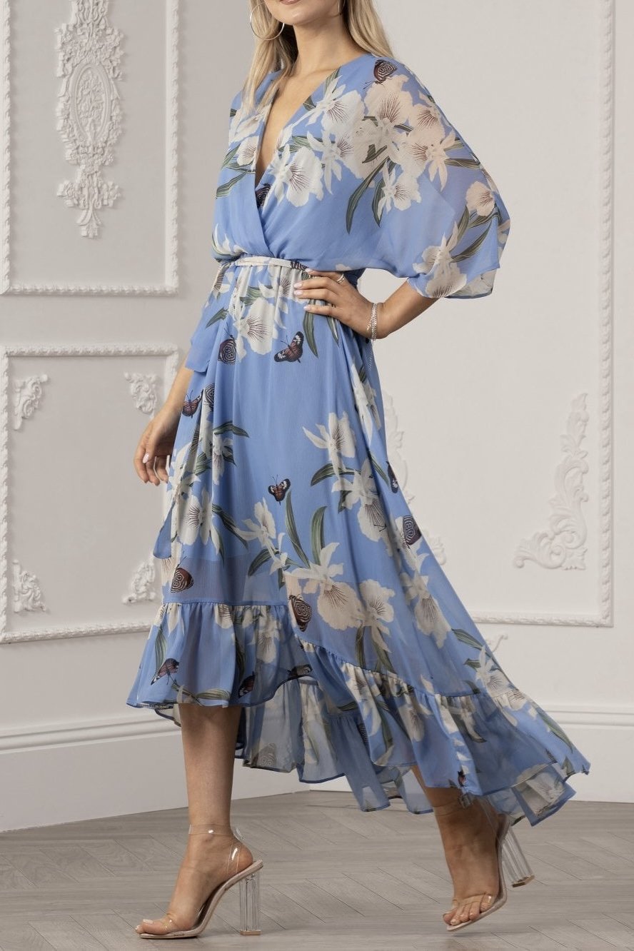 Floral Print Midi Wrap Dress Light Blue