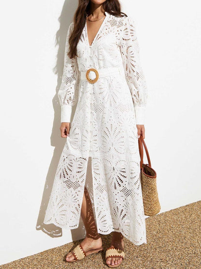 Embroidered V Neck Midi Dress