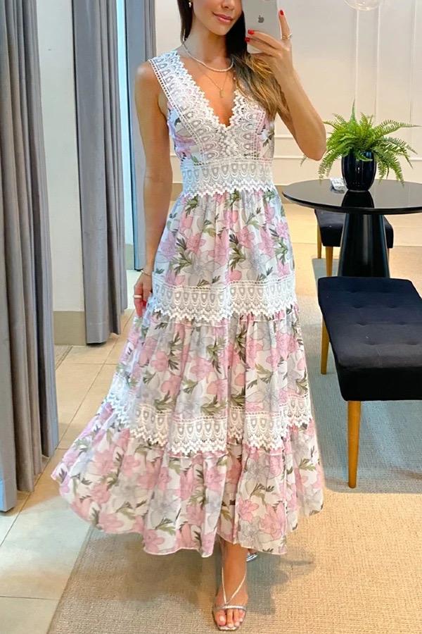 Sunny Garden Lace Trim Floral Midi Dres