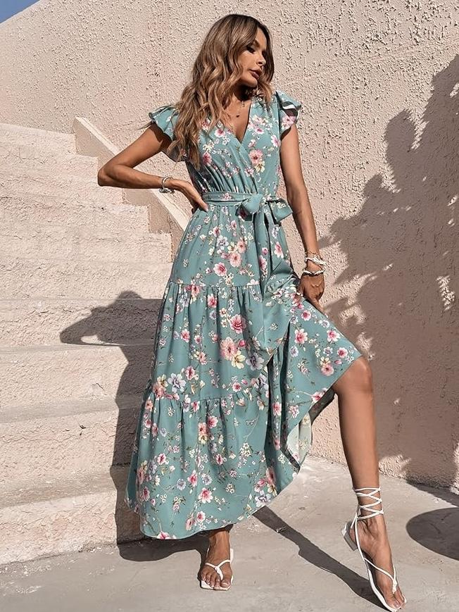 Floral Print Butterfly Sleeve Ruffled Hem Belted Dress