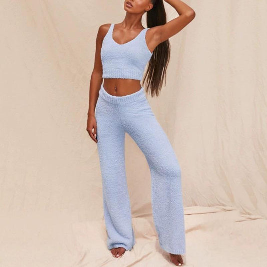 Women Solid Color V-neck Plush Short Vest Pants Two-piece