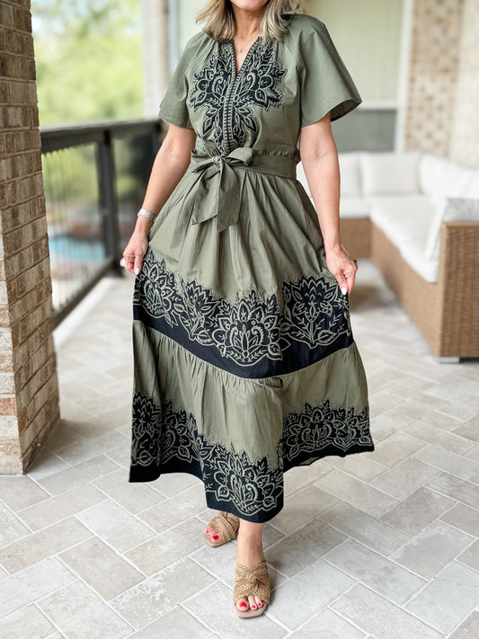 Cotton Embroidered Belted Tier Dress