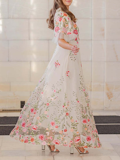 Floral Embroidery Mesh See-through Wedding Dress