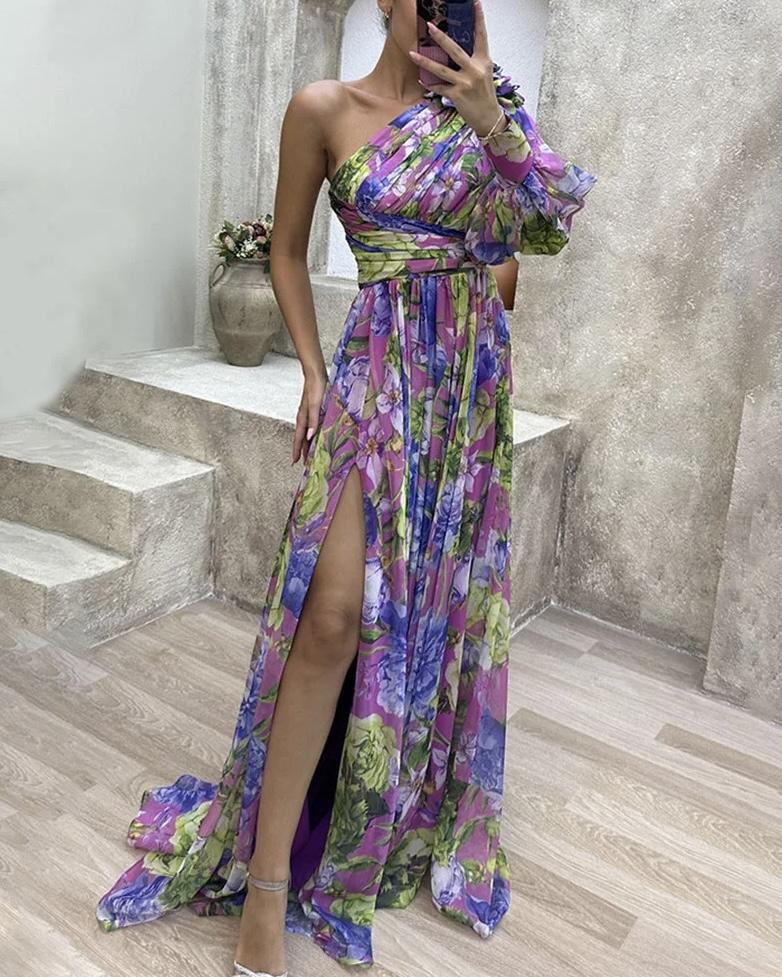 FLORAL PRINT PLEATED ONE SHOULDER SLEEVE SLIT MAXI DRESS