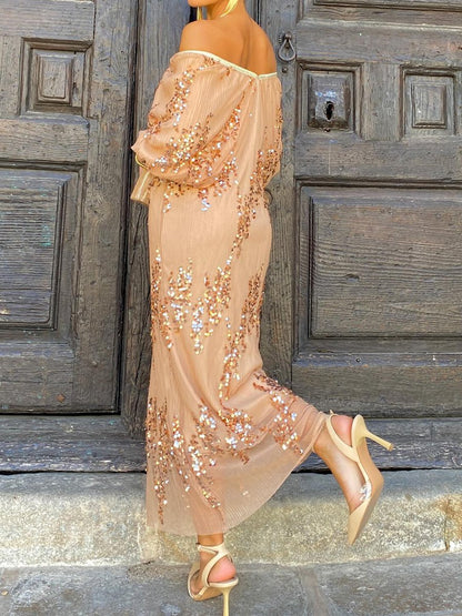 Batwing Sleeve Sequin Deep V Neck Maxi Dress