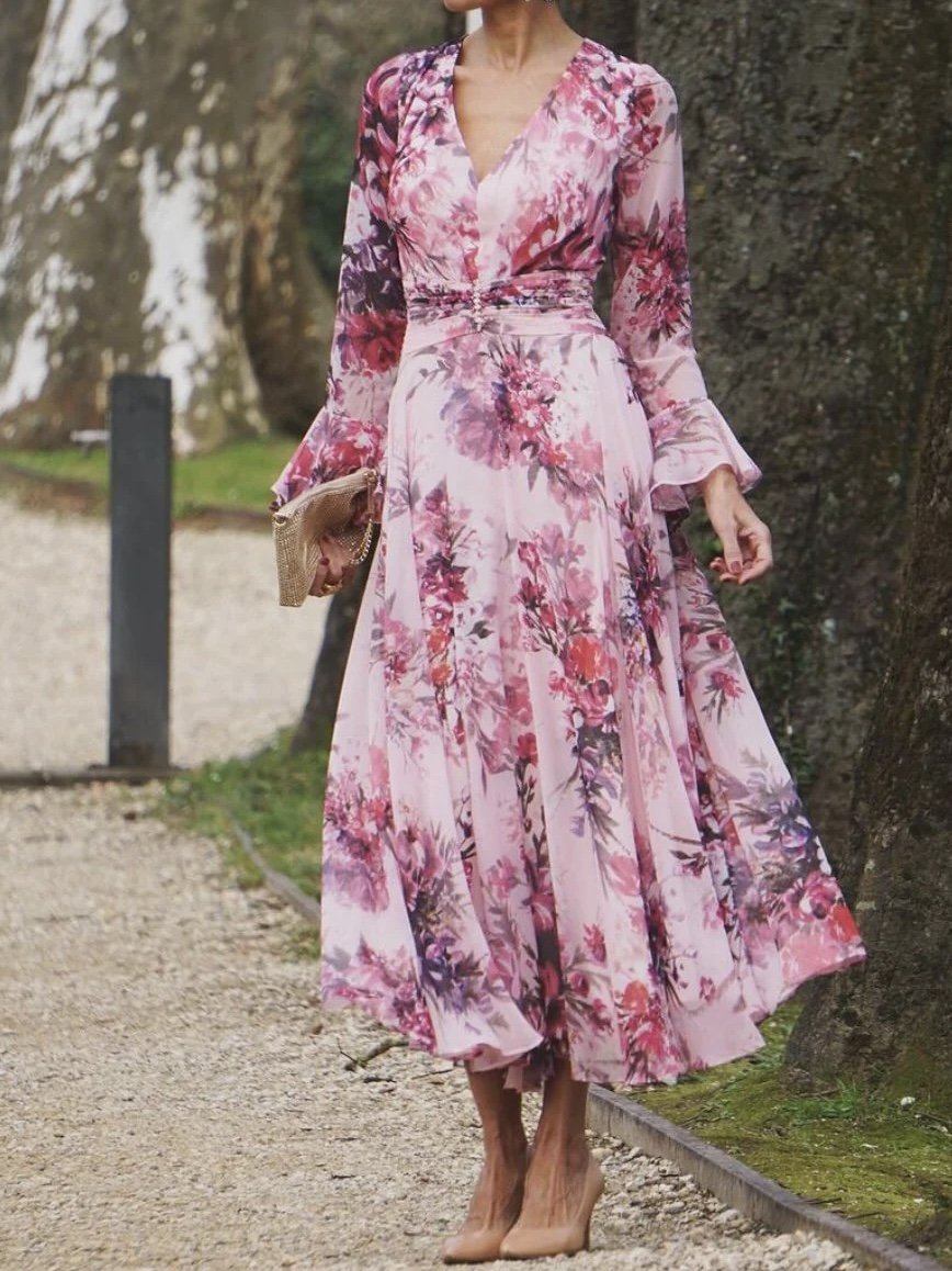 Elegant Printed Peach Blossom Dress