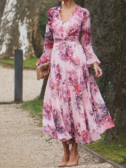 Elegant Printed Peach Blossom Dress