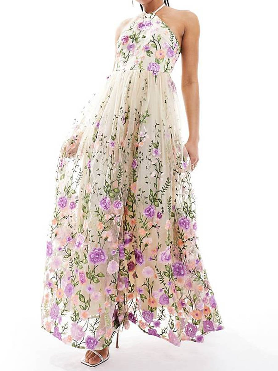 Embroidered Halter Neck Prom Maxi Dress