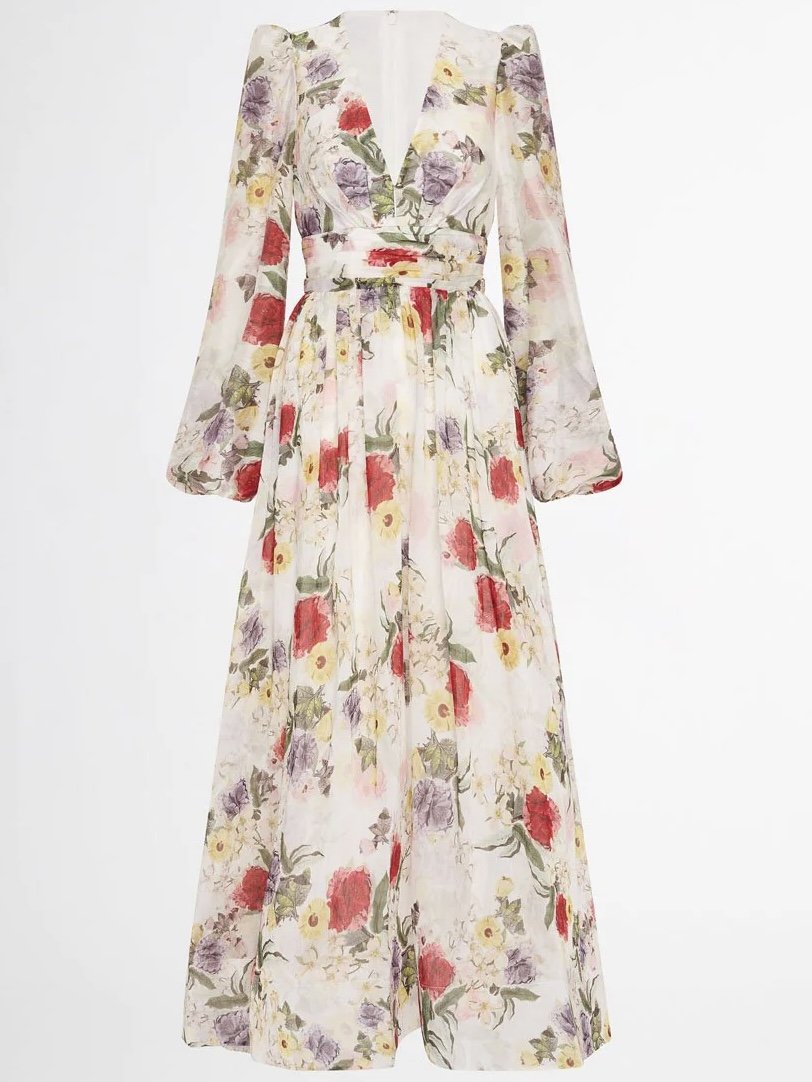 Floral Printed Deep V Neck Dress