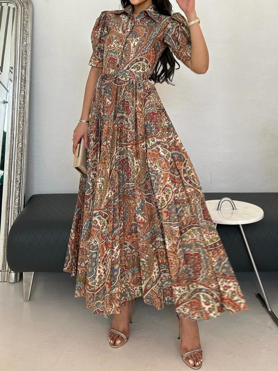 Printed Puff Sleeve Pleated Dress