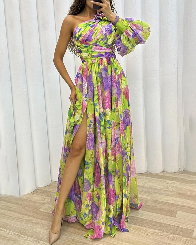 FLORAL PRINT PLEATED ONE SHOULDER SLEEVE SLIT MAXI DRESS