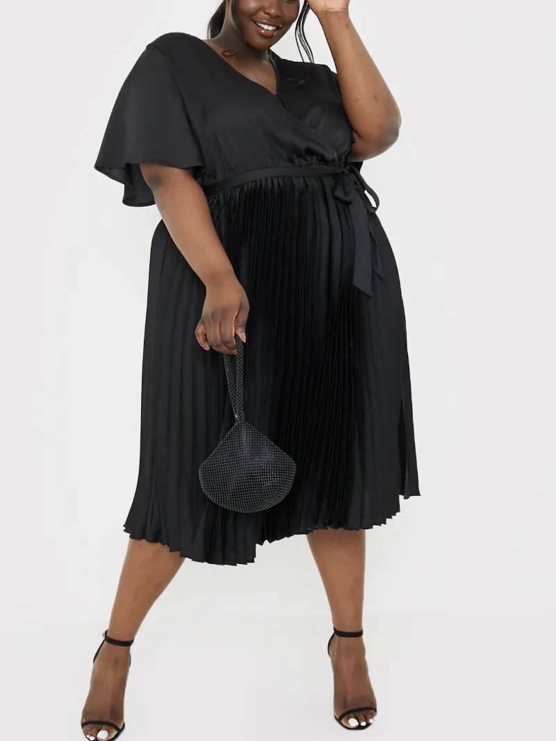 Black Pleated Wrap Midi Dress