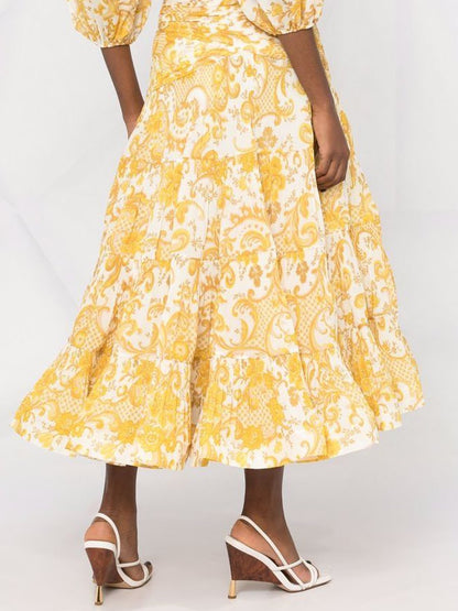 Printed High Waist Midi Skirt