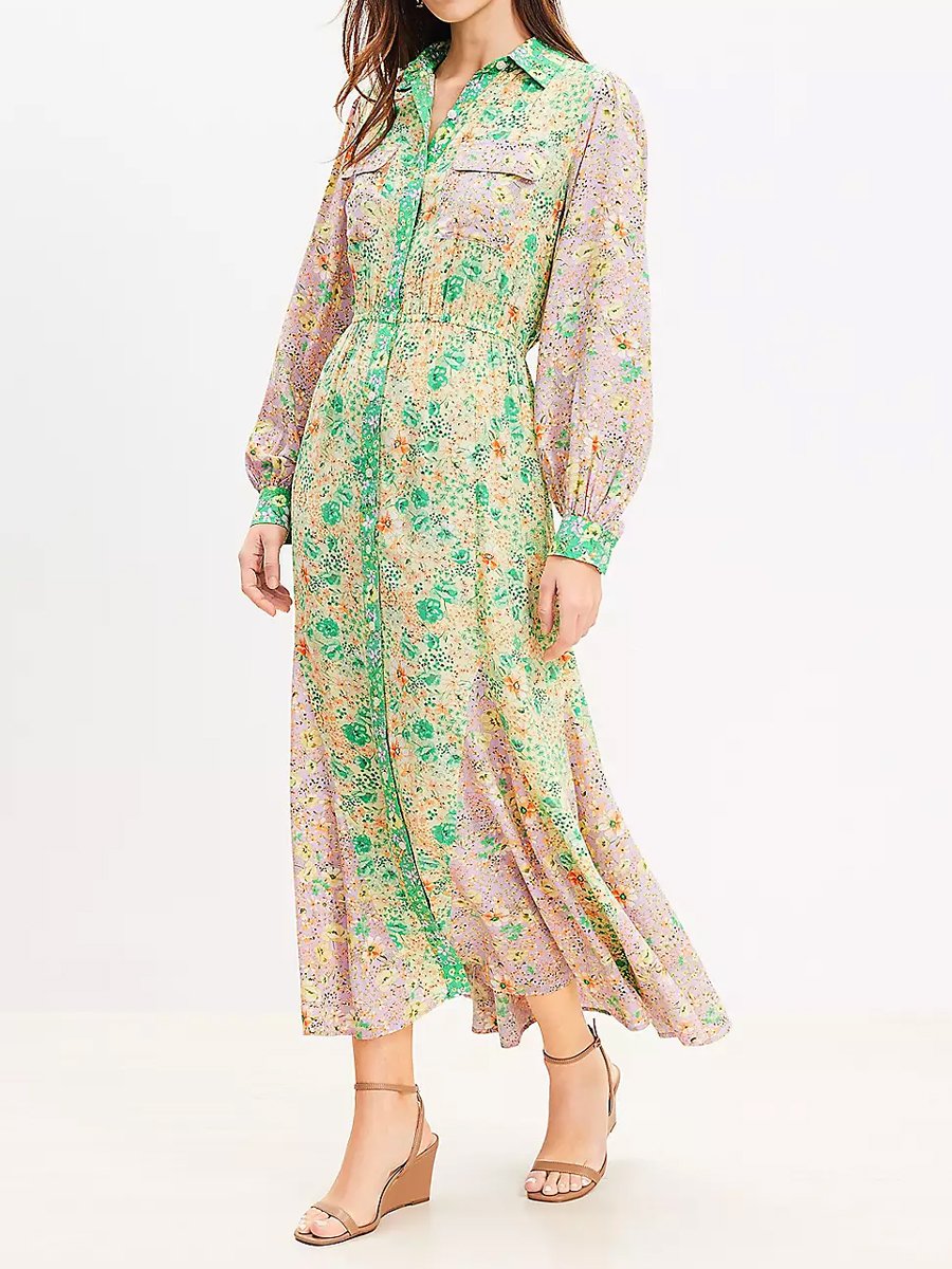 Floral Godet Pocket Long Sleeve Shirtdress