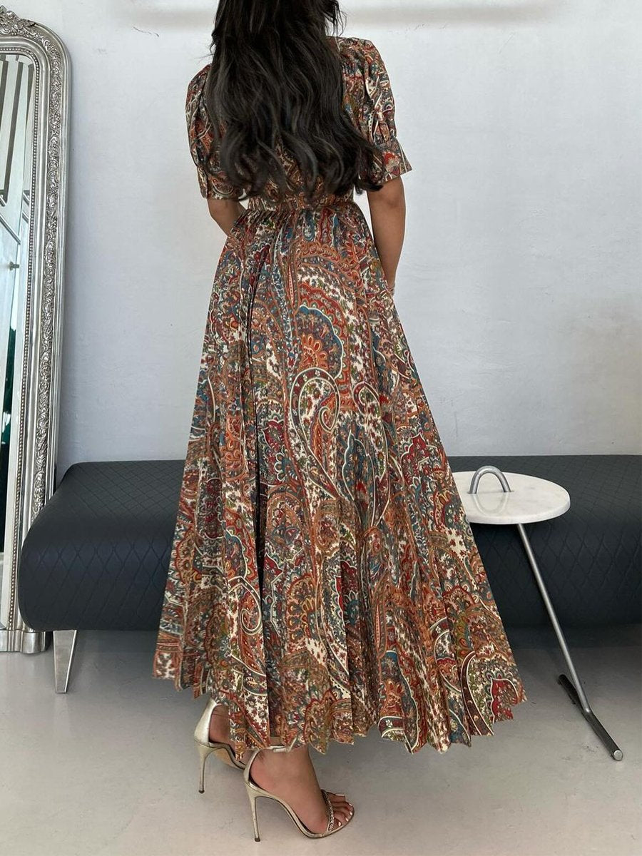 Printed Puff Sleeve Pleated Dress