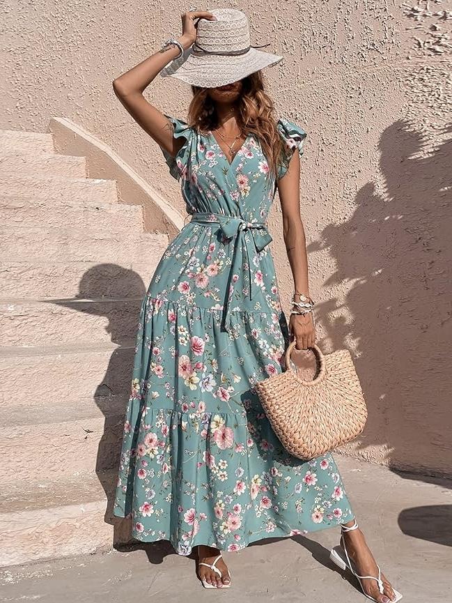 Floral Print Butterfly Sleeve Ruffled Hem Belted Dress