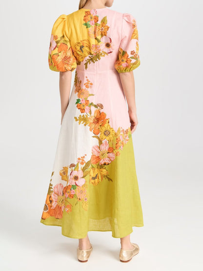 Fashion Floral Print Puff Sleeve Dress