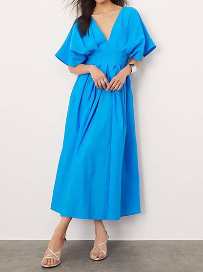 V Neck Pleated Short Sleeve Maxi Dress