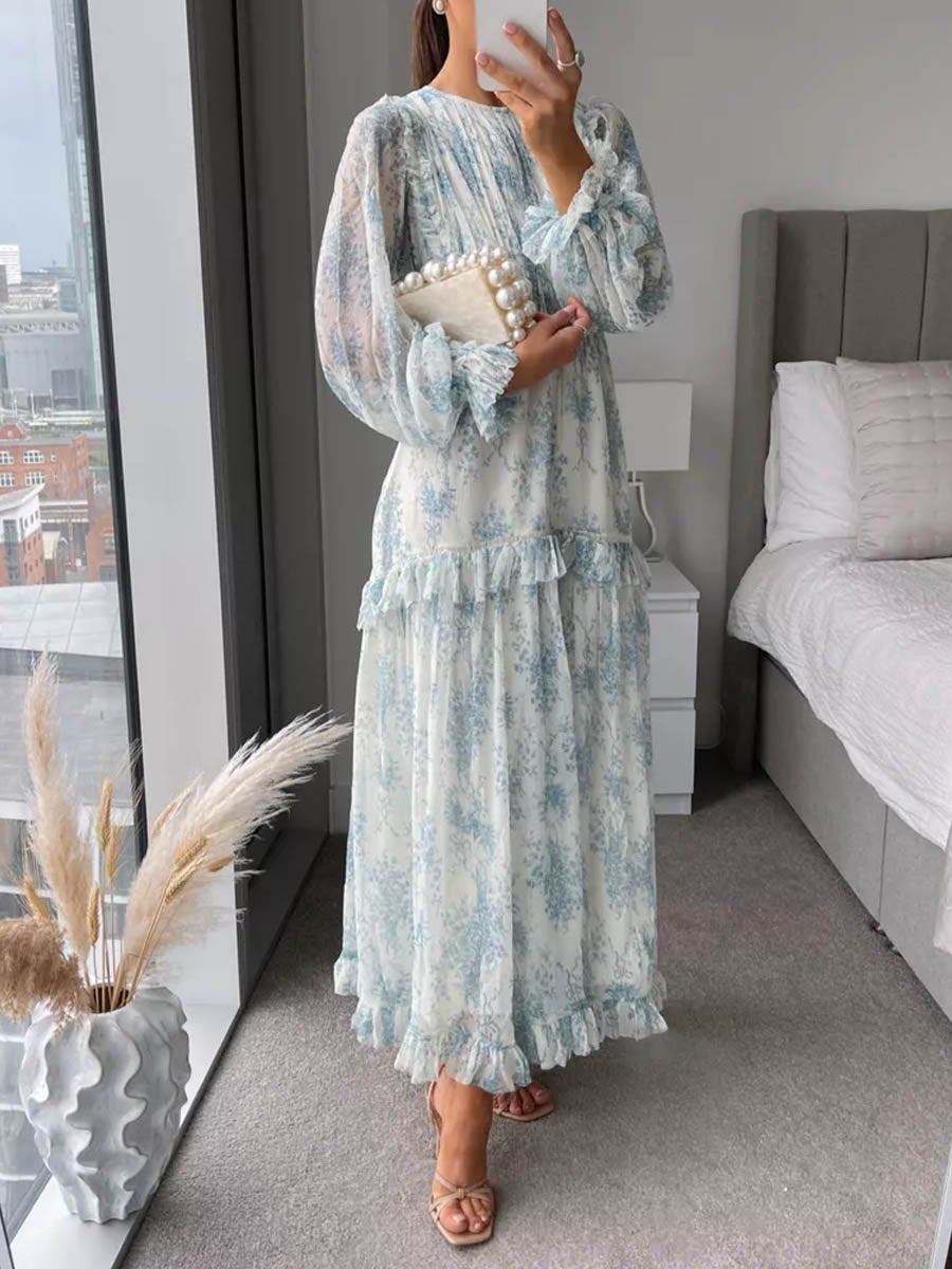 Floral Print Frill Tiered Hem Maxi Dress