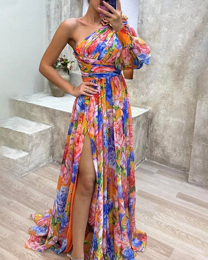 FLORAL PRINT PLEATED ONE SHOULDER SLEEVE SLIT MAXI DRESS