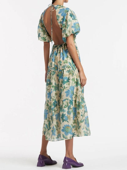 Floral Print Tie Up Backless Dress