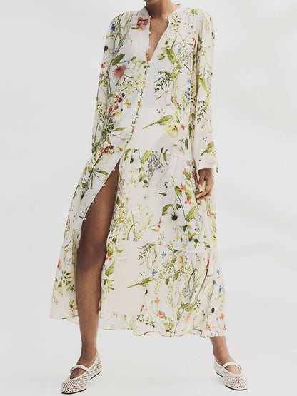 Floral Print Button Up Slit Hem Dress