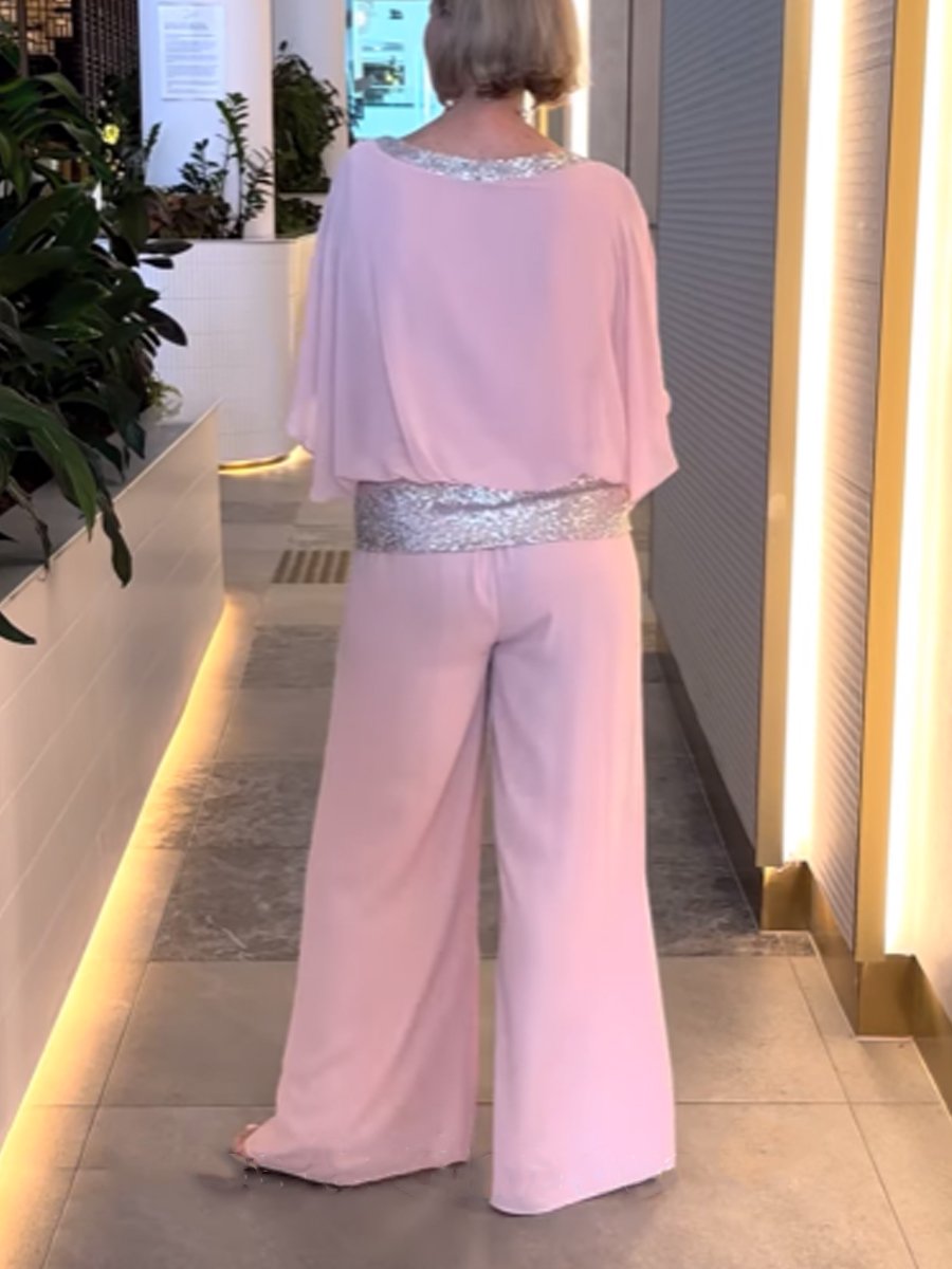 Round Neck Sequin Color-block Wide Leg Pants Set