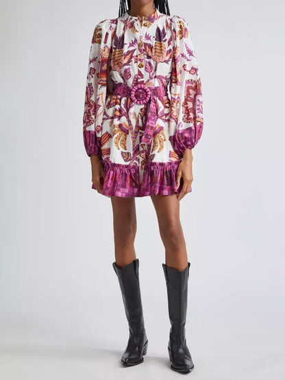 Printed Long Sleeve Belted Mini Dress