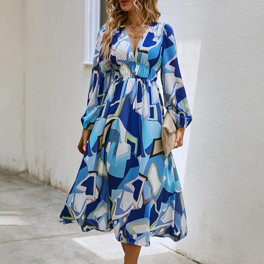 Womens Casual V Neck Dresses Floral Long Sleeve Flowy Long Dress