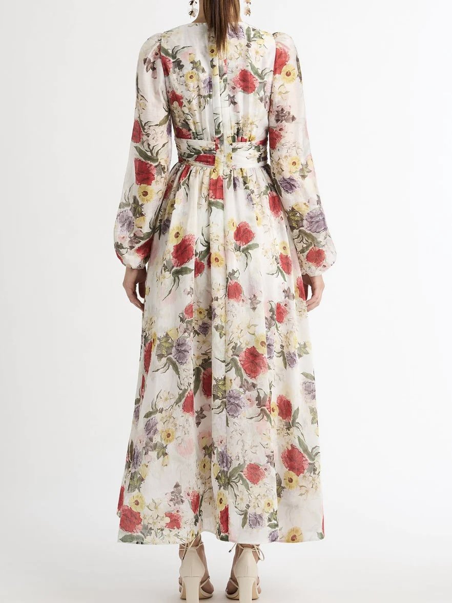 Floral Printed Deep V Neck Dress