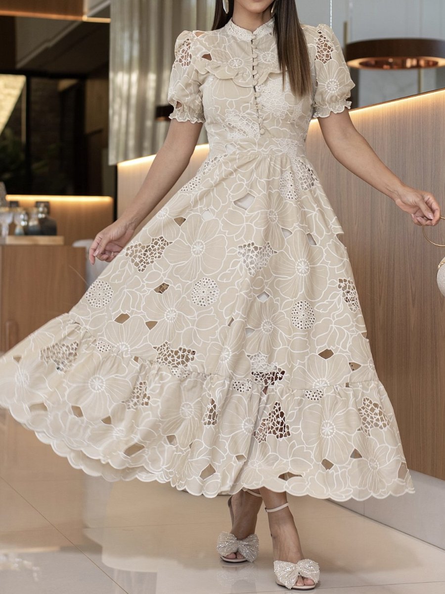 Flower Embroidery Elegant Hollowed Out Dress